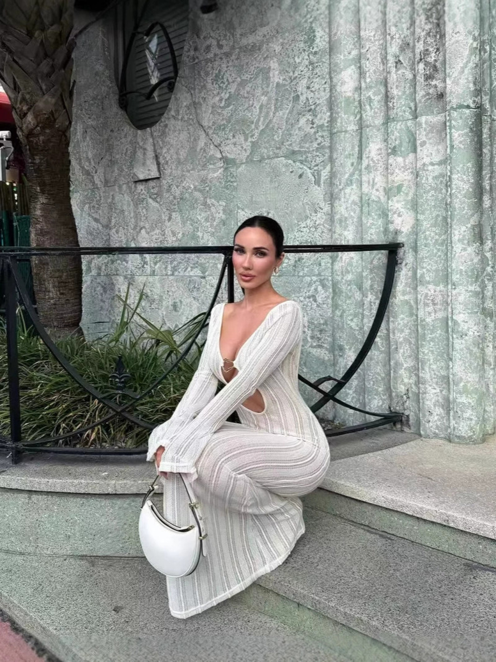 Zara Long Sleeve Hollow Out Bodycon Maxi Beach Dress Backless